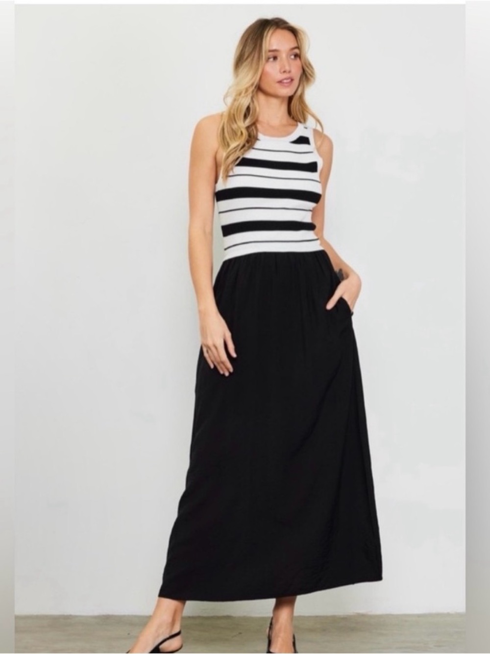 Skies Are Blue Black and White Striped Maxi Dress